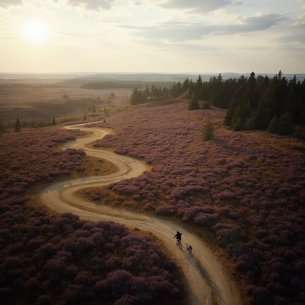 Leuke dingen om te doen in Nederland: Jouw ultieme gids voor onvergetelijke avonturen Aerial view of Veluwe National Park at golden hour, showcasing purple blooming heather, dark green pine forests, and winding sandy paths, with a lone cyclist on a traditional Dutch bicycle riding through the serene landscape illuminated by soft warm light.