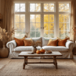 Een warme Nederlandse woonkamer met herfstdecoraties, inclusief pompoenen en tarwestengels, verlicht door zacht, cinematografisch licht dat door grote ramen binnenvalt.