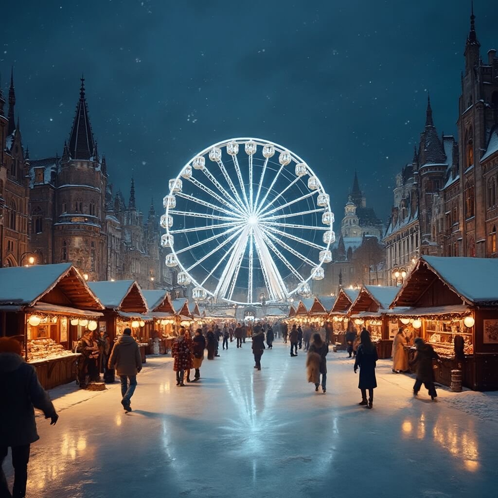 Winterwonder in Maastricht: De Ultieme Gids voor Magische Winterbeleving A picturesque winter night in a European city square, featuring a 45-meter Ferris wheel lit with warm white lights, historic Gothic buildings, and a reflective ice skating rink surrounded by snow-dusted market stalls, all enhanced by glowing lanterns and gentle snowfall.