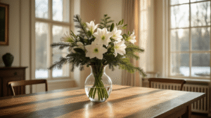 A beautifully arranged winter floral display featuring white amaryllis, eucalyptus, and pine branches in an elegant glass vase, set on a robust wooden dining table with warm oak flooring, surrounded by antique brass and vintage copper accents in a softly lit Dutch interior, capturing a moody atmosphere with natural sunlight and bokeh effects.