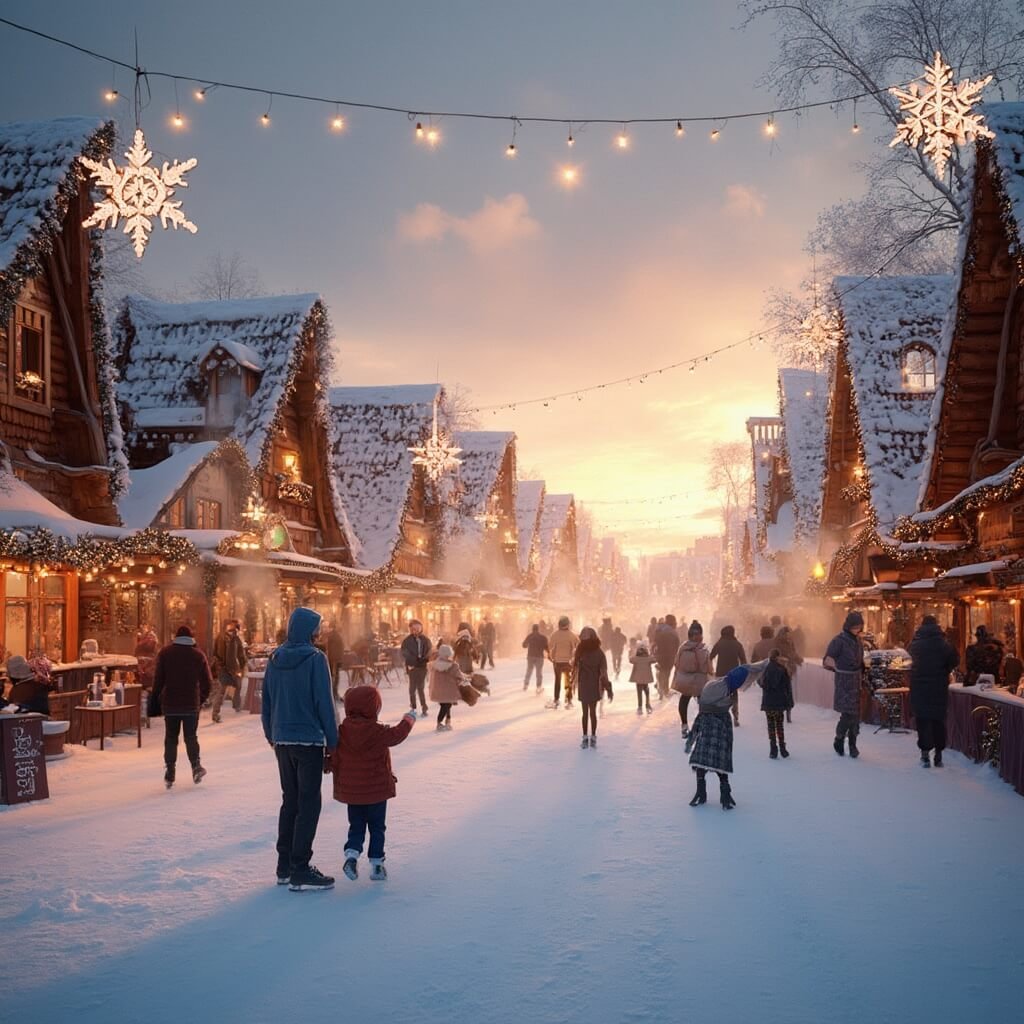 An immersive view of the Jaarbeursplein ice skating rink, with families skating on a vast ice surface surrounded by wooden chalets adorned with warm white lights, steaming hot chocolate stands, and illuminated snowflakes above, all bathed in a golden sunset glow.