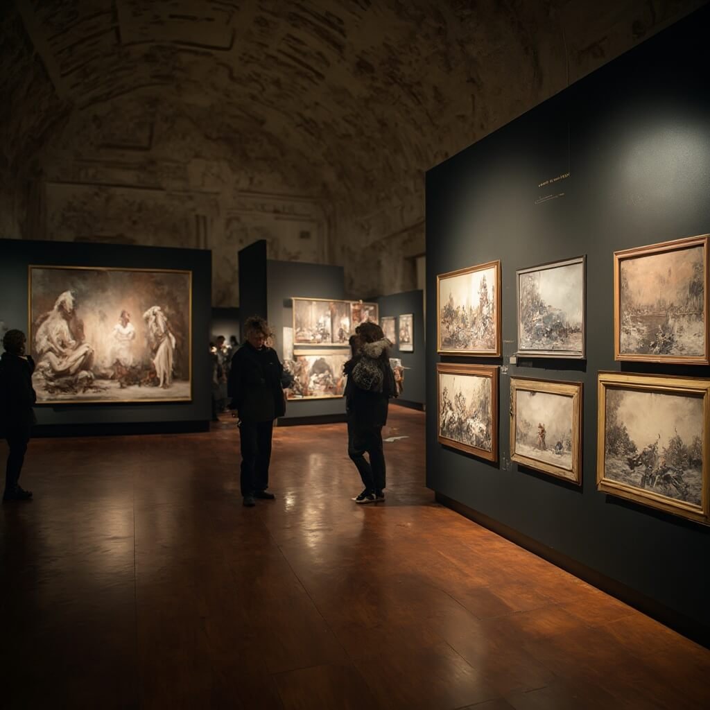 Winterwonder in Maastricht: De Ultieme Gids voor Magische Winterbeleving Intieme museuminterieur met een winterfotografie-expositie, warme belichting, zorgvuldig gerangschikte vintage foto's, hoge plafonds en klassieke architectonische elementen, zachte schaduwen voor een dramatische sfeer, verzachte winterkleuren met subtiele gouden accenten.