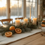 A hyperrealistic photograph of a Dutch winter table setting featuring a large oak dining table adorned with a cream linen table runner, an organic centerpiece of pine branches and eucalyptus, handmade candles in glass holders, scattered dried orange slices, clustered pine cones, and vintage crystal vases with winter branches, all illuminated by warm golden hour sunlight for an intimate and inviting atmosphere.