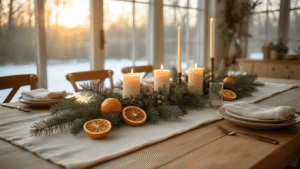 A hyperrealistic photograph of a Dutch winter table setting featuring a large oak dining table adorned with a cream linen table runner, an organic centerpiece of pine branches and eucalyptus, handmade candles in glass holders, scattered dried orange slices, clustered pine cones, and vintage crystal vases with winter branches, all illuminated by warm golden hour sunlight for an intimate and inviting atmosphere.