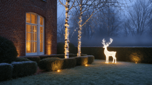 Cinematic exterior view of a Dutch winter garden at twilight, featuring LED string lights on a silver birch, illuminated brick facade, net lighting on boxwood shrubs, and a white reindeer on frost-covered grass, all under soft blue hour lighting with golden accents, creating a magical atmosphere enhanced by subtle fog and snow-dusted decorations.