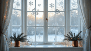 DIY Winterse Raamdecoratie: Toveren met Licht en Sfeer Een grandioos Victoriaans raamdecoratie tijdens een winterochtend met delicate papieren sneeuwvlokken en LED-fata morgana's, omringd door een minimalistische Scandinavische esthetiek en een palet van wit, zilver en blauw.