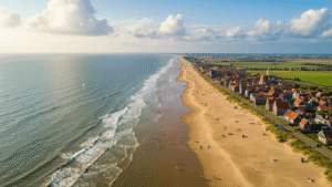 Aerial view of the Zeeland coastline featuring sandy beaches, traditional seaside towns, surfers in the North Sea, families on the beach, cyclists on paths, windmills, Deltaworks, boats on the Grevelingenmeer, and a flat landscape under a partly cloudy sky.