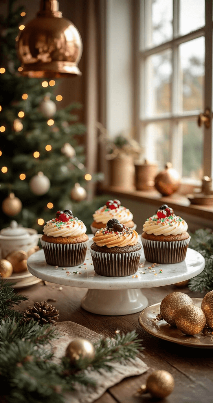 Stijlvolle kerstkeuken met chocoladebruine kastjes en marmeren werkblad, met een klassieke fruitcake, moderne pastelkleurige cupcakes en een elegante kerststronk. Kristallen schalen reflecteren warm licht van koperen lampen, versierd met dennentakjes en gouden kerstballen.