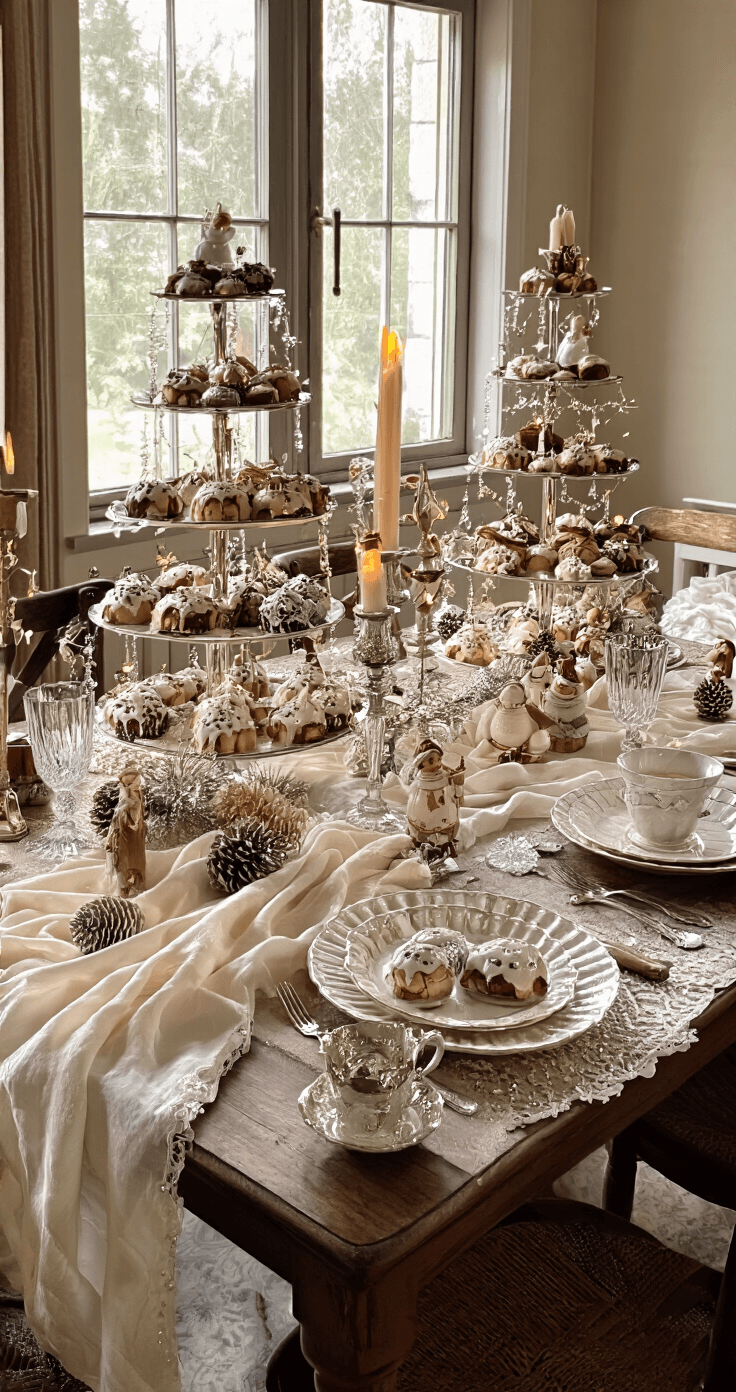 Elegante eetkamer met donkere mahonie tafel, crème kanten tafelloper, gelaagde kerstgebakjes op kristallen etagères, handbeschilderde figuurtjes, zilveren bestek en vintage porseleinen theekopjes, bij kaarslicht in een goud-zilver kleurenpalet.