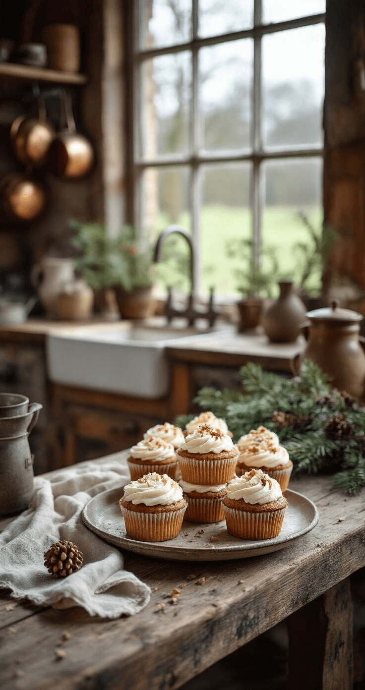 Kerstcupcake in rustieke boerenkeuken met verweerde houten balken en bakstenen muur, gefotografeerd met natuurlijke belichting en vintage linnen doeken, omringd door verse kerstgroen op houten planken.