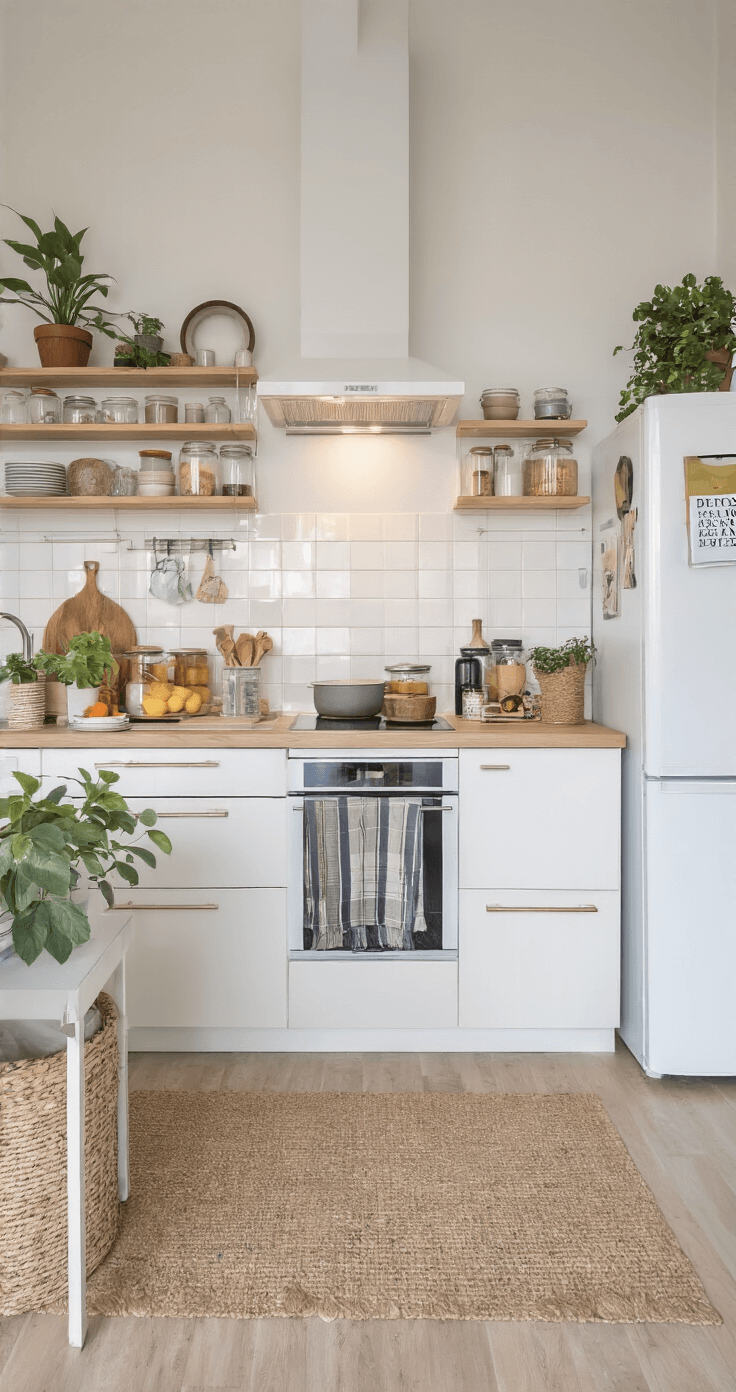 Moderne studio-apparatuur met slimme opbergoplossingen, open planken met glazen potten en seizoensproducten, budgetvriendelijke IKEA-meubels in wit en berken, daglicht LED-verlichting, en een kalender met koopjes op de koelkast, in een Scandinavische stijl met frisse groene accenten.