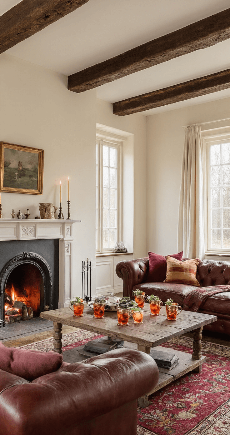 Een luxe Nederlandse woonkamer met donkere houten balken en cremewitte wanden, verlicht door kaarslicht en een haardvuur. In het midden een antieke eiken salontafel met koperen cocktailbekers en verse garnering, omringd door cognackleurige leren fauteuils met plaids. Op de schoorsteenmantel staan koperen kandelaars met dennentakken. De foto is genomen vanuit een lage hoek, met een warme, intieme sfeer.