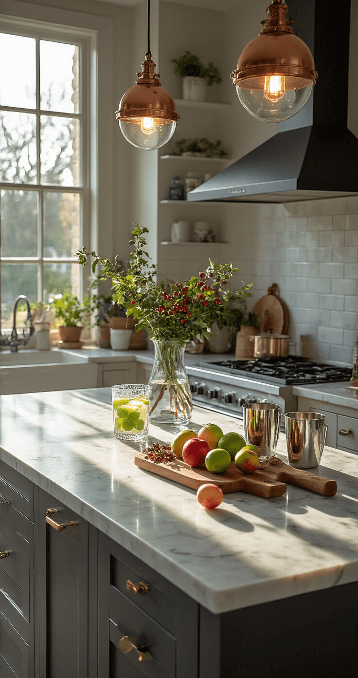 Moderne Nederlandse keuken met witte shaker kasten, donkergrijze natuurstenen werkbladen en een marmeren kookeiland. Gouden uursfeer met zonlicht door grote ramen, gefotografeerd met granaatappel margaritas in gekristalliseerde glazen, omringd door verse granaatappels en kaneelstokjes. Hangende koperen lampen en witte metrotegels als achterwand, verfraaid met verse kersttakken in glazen vazes.
