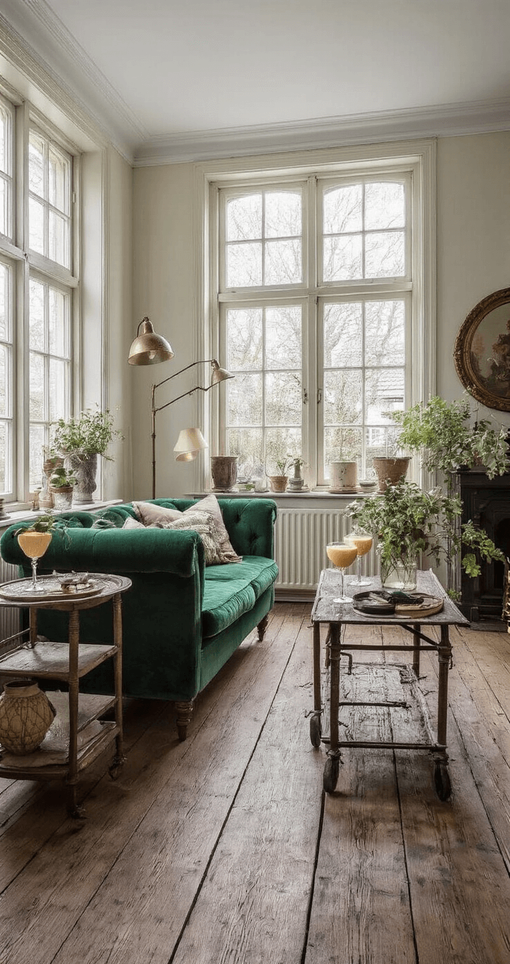 Gezellige Nederlandse woonkamer met hoge plafonds en houten vloeren, verlicht door staande lampen en sfeerlichten. Vintage bartrolley met eggnog martinis staat bij een groot raam met uitzicht op een besneeuwde tuin. Fluwelen smaragdgroene bank en antieke bijzettafeltjes omgeven door kasjmier plaids en zijden kussens in champagne tinten.