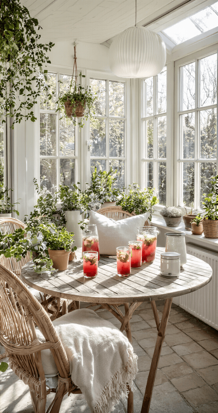 Lichte serre met witte houten kozijnen en natuurstenen vloer, gevuld met veenbessen-rozemarijn mocktails op een ronde houten tafel, omringd door winterse planten en witte keramiek, met rieten stoelen en linnen kussens, onder een overvloed aan natuurlijk licht.