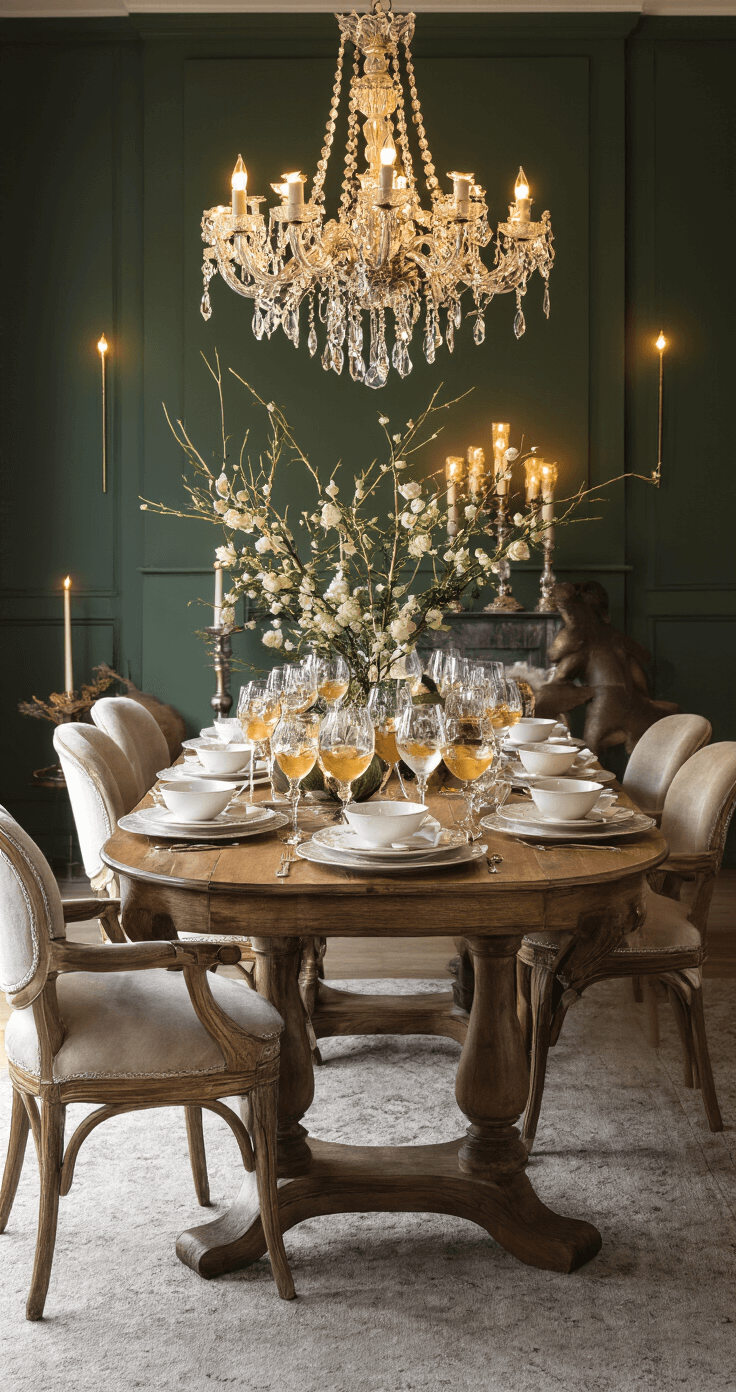 Elegante eetkamer met klassieke kroonluchter, donkergroene muren en een lange houten tafel gedekt met kristallen glazen, granaatappelpitjes en kaneelpoeder. Fluwelen champagne kleurige stoelen en zilveren kandelaars met dennentakken en witte rozen, verlicht door warme lampen.
