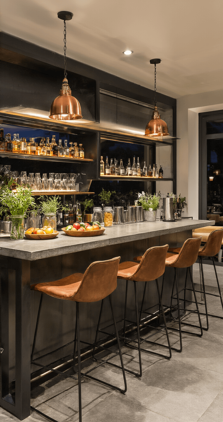 Moderne Nederlandse bar in open woonruimte met zwarte stalen accenten en betonnen elementen, gefotografeerd in avondlicht. Strakke natuurstenen bar met professionele cocktailbenodigdheden, verse kruiden en seizoensfruit. Lederen barkrukken, achtergrondverlichting en industriële hanglampen van koper en staal creëren een stijlvolle uitstraling.