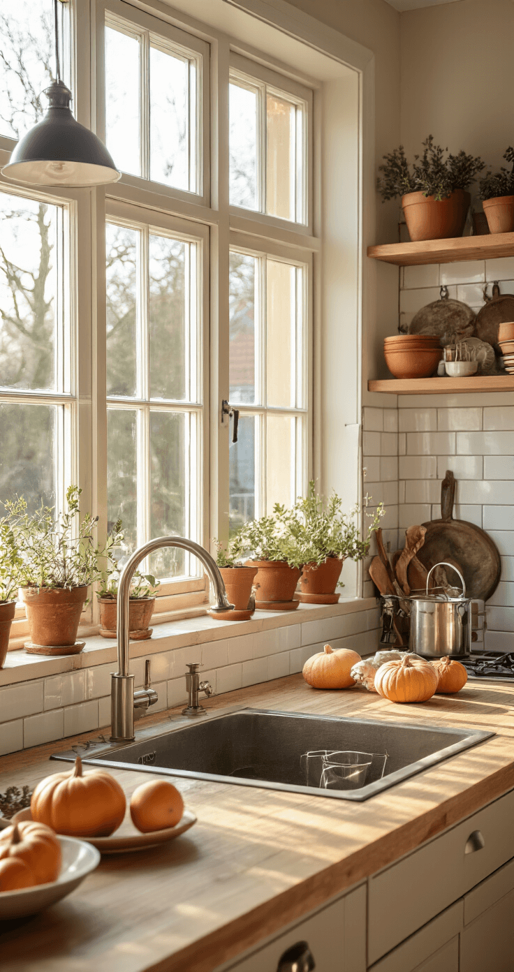 Een gezellige Nederlandse keuken op een winterse ochtend met warm daglicht, een eiken houten keukeneiland, professionele staafmixer, verse pompoenen, glazen kommen en koperen pannen. Rustieke accenten en verse kruiden in terracotta potjes zorgen voor een huiselijke sfeer.