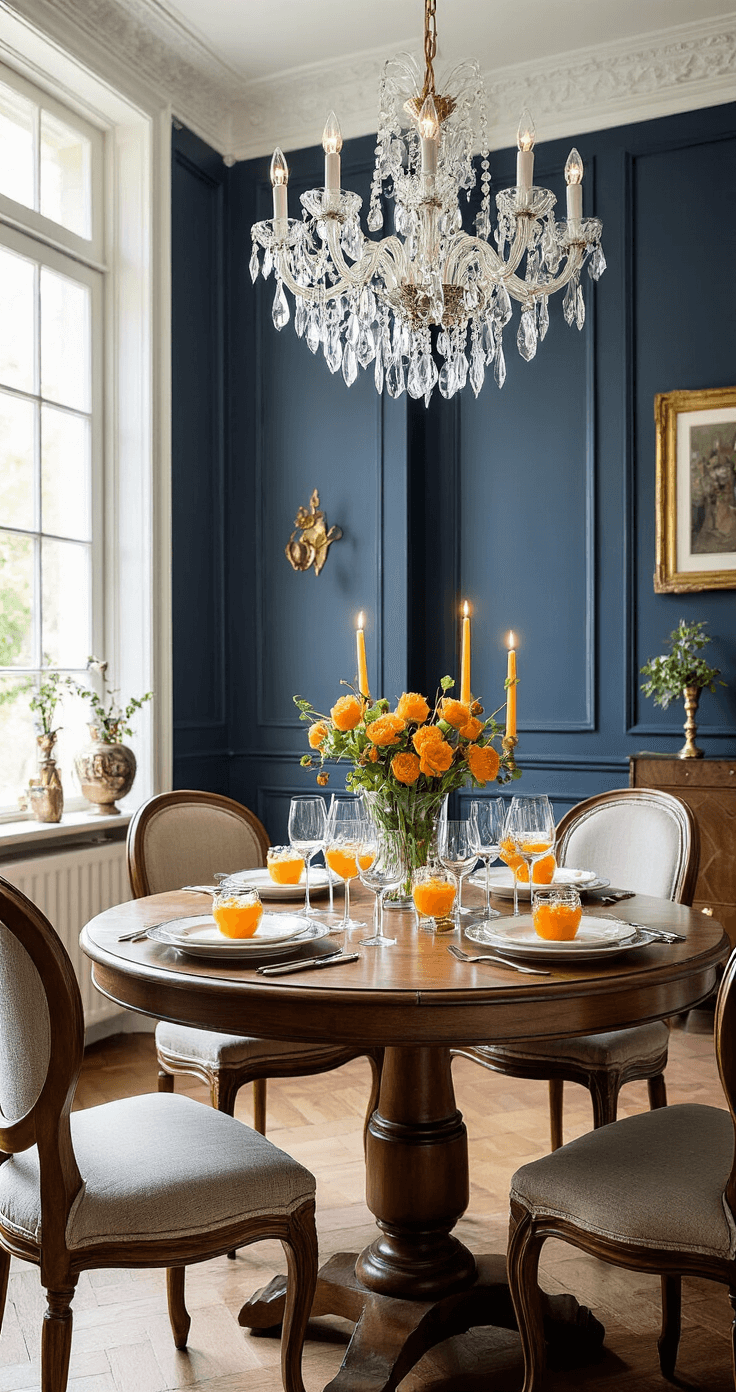 Elegante eetkamer met donkerblauwe wandbekleding, kristallen kroonluchter en mahonie eettafel met transparante glaasjes pompoensoep, versierd met room en peterselie. Symmetrisch gerangschikte lepels en gouden accenten in kandelaars creëren een luxueuze, feestelijke sfeer met warme verlichting en sprankelende lichtpuntjes.