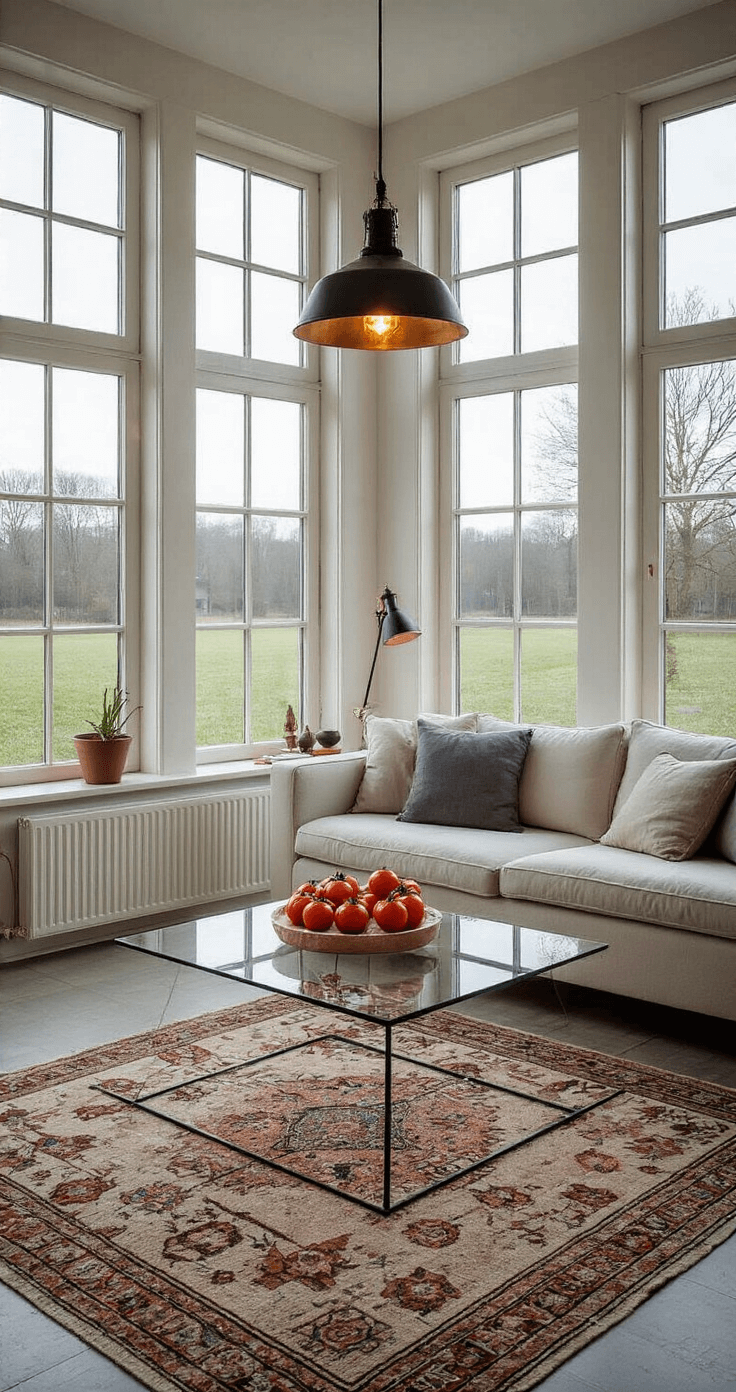 Moderne woonkamer met grote schuiframen en een winters landschap, glazen salontafel met tomaat-basilicum shooters, strakke witte bank met grijze kussens, betonnen vloer met Perzische loper, industriële hanglampen en warme LED-strips. Lage camerahoek met focus op glanzende soepjes en een minimalistische sfeer.