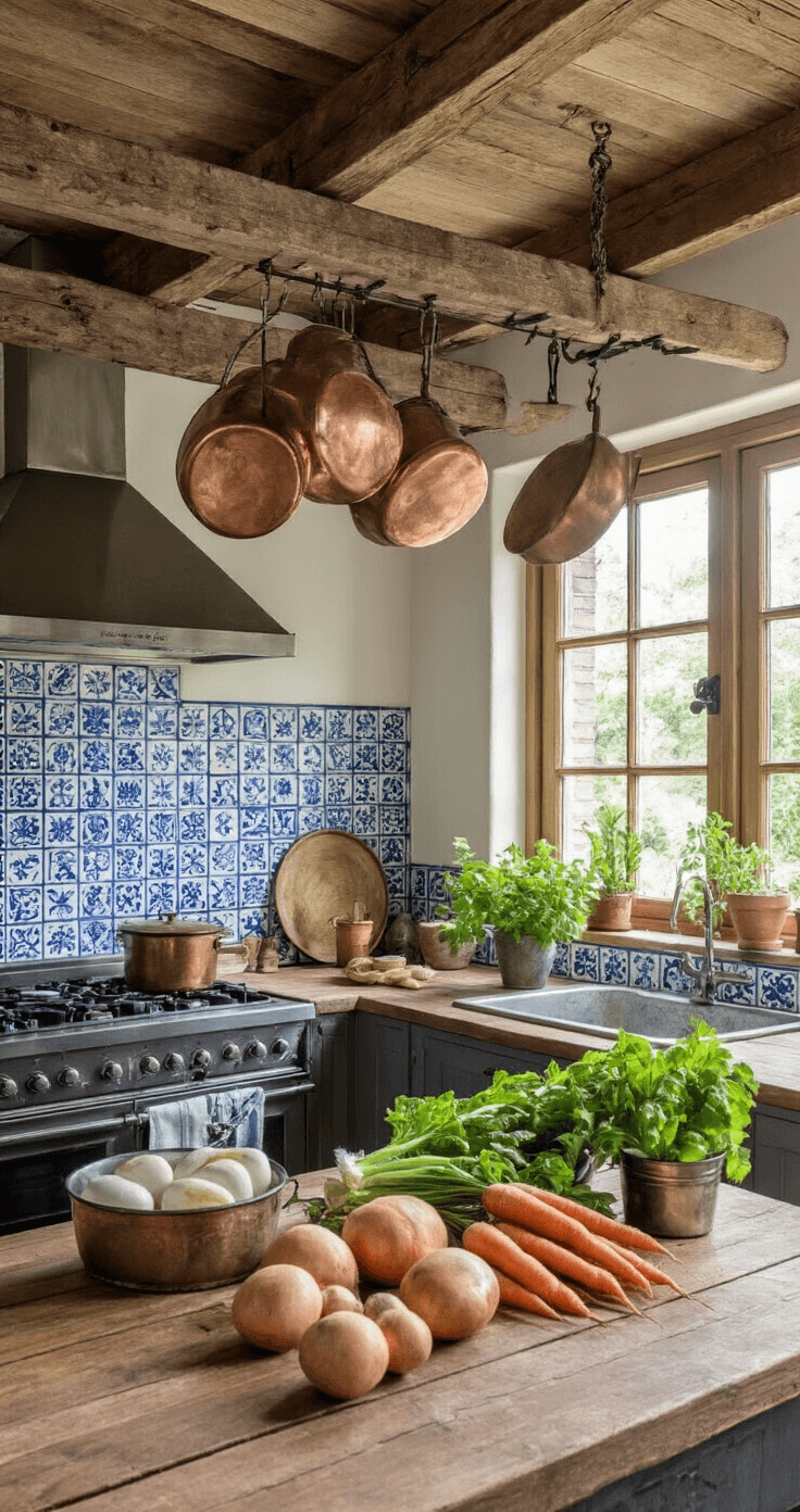 Rustieke Nederlandse keuken met authentieke Delftse tegels en eiken balkenplafond, houten werkblad met verse bieden, Griekse yoghurt en munt, koperen pannen aan smeedijzeren haken, natuurlijk licht door kleine vensters, en een nostalgische sfeer vol traditionele details zoals oude weegschalen en manden met groenten en kruiden.