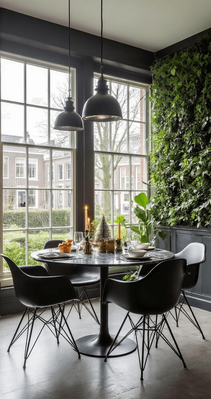 Stijlvolle Nederlandse eethoek met grote vensters, zwarte metalen eettafel met marmeren blad en kerstsoepjes onder softbox verlichting, industriële hanglampen en een groene plantenwand, gefotografeerd in de blauwe uurtijd met dramatische schaduwen.