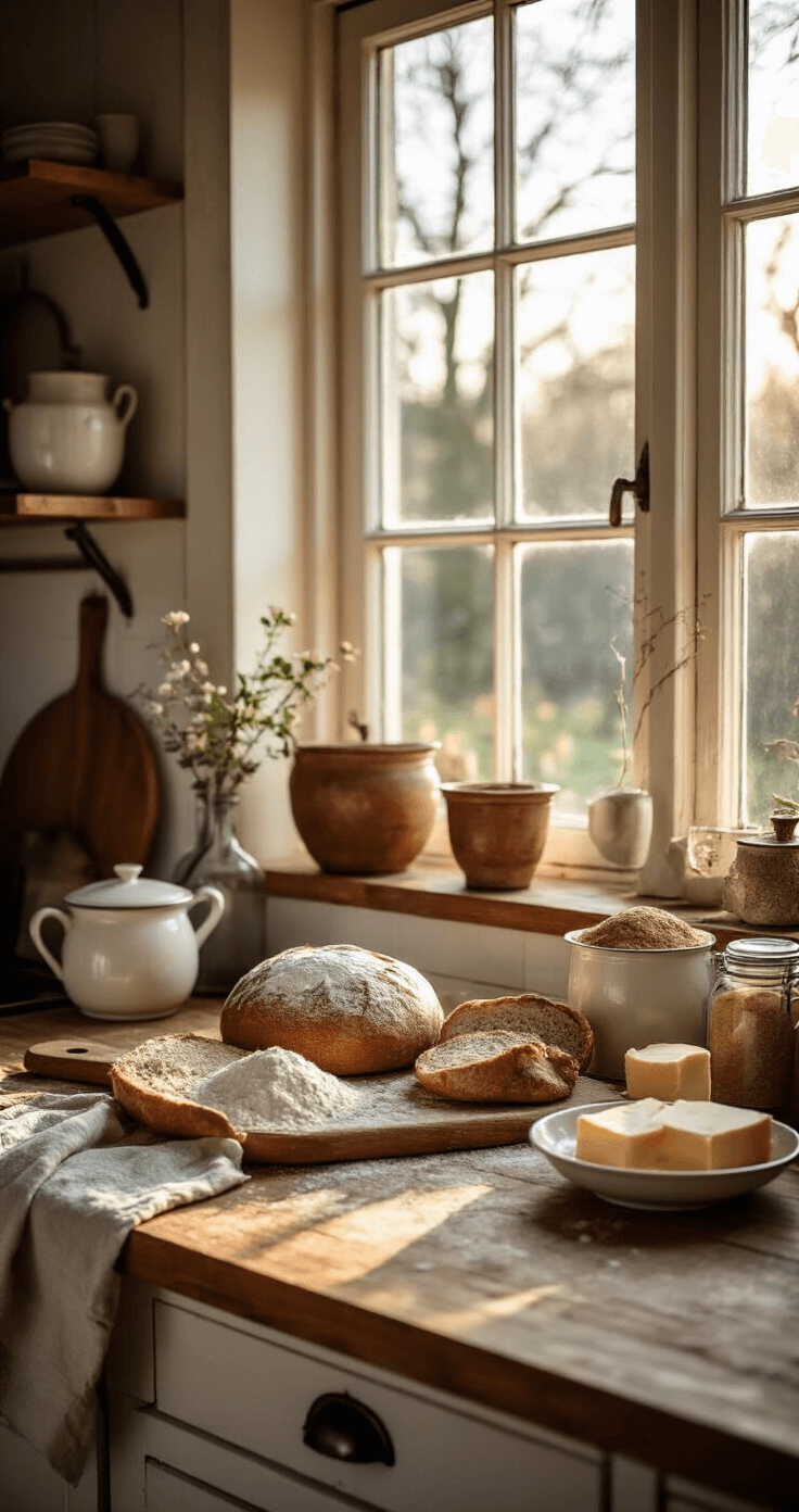 DIY Kerstbrood & Feestelijke Rolls: Jouw Ultieme Gids voor Huisgemaakt Feestgebak Gezellige Nederlandse keuken tijdens het gouden uurtje met zonlicht dat door het raam schijnt. Op een rustiek houten werkblad liggen ingrediënten voor kerstbrood: bloem in vintage schalen, verse gist, roomboter en koekkruiden in glazen potjes. Warm houtentint, cremewitte keramiek en koperen accenten zijn te zien, gefotografeerd vanuit een lage hoek met natuurlijk licht dat de texturen van de ingrediënten benadrukt.