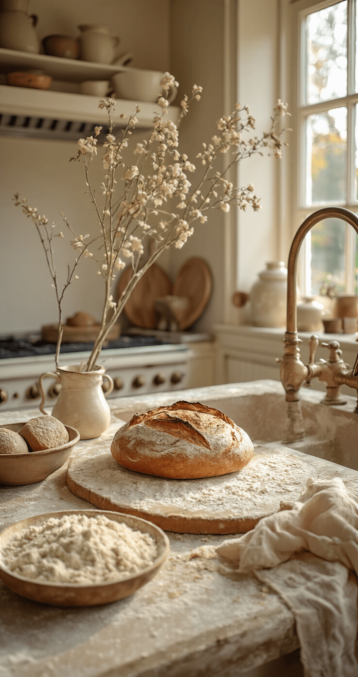 DIY Kerstbrood & Feestelijke Rolls: Jouw Ultieme Gids voor Huisgemaakt Feestgebak Traditionele Nederlandse keuken in zachte ochtendlicht met een houten deegkom op een marmeren aanrecht, waar elastisch brooddeeg wordt gekneed. Het oppervlak is bestrooid met bloem, met een vintage keukenhanddoek en een koperen kraan op de achtergrond.