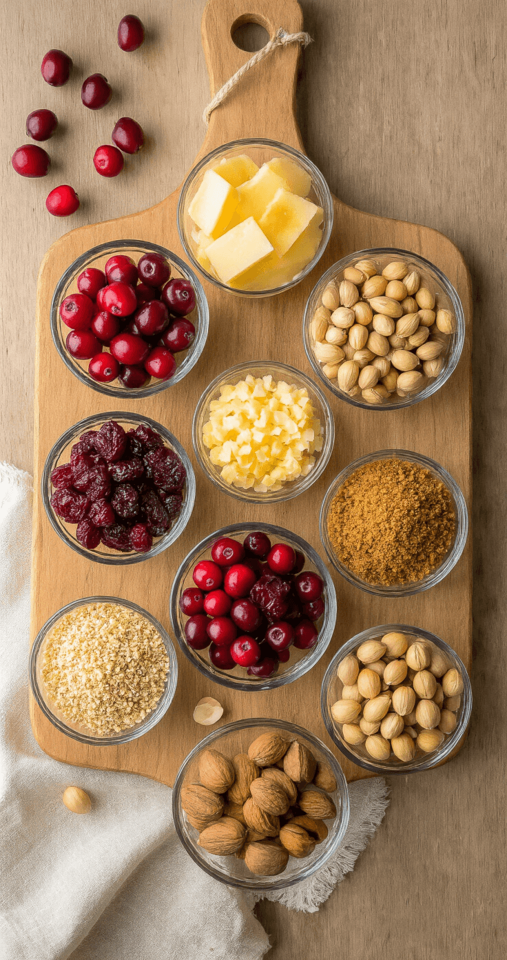DIY Kerstbrood & Feestelijke Rolls: Jouw Ultieme Gids voor Huisgemaakt Feestgebak Lichte Nederlandse keuken met houten werkblad, kleurrijke vullingen in glazen kommen, waaronder donkere rozijnen, goudgele amandelspijs, cranberry's en gehakte hazelnoten. Neutrale tinten met accenten van rood en goud, marmeren details en linnen keukentextiel, gefotografeerd vanuit bovenaf met natuurlijk daglicht.