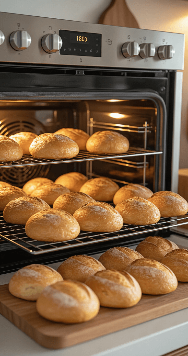 DIY Kerstbrood & Feestelijke Rolls: Jouw Ultieme Gids voor Huisgemaakt Feestgebak Warme Nederlandse keuken met een moderne oven op 180°C, gouden feestelijke rolls op een bakplaat met stoom die opstijgt. De ei-glans glanst op de korst, omgeven door RVS accenten en houten elementen, onder warme amber verlichting. Focus op de goudbruine kleuren van de rijzende broden in de oven.