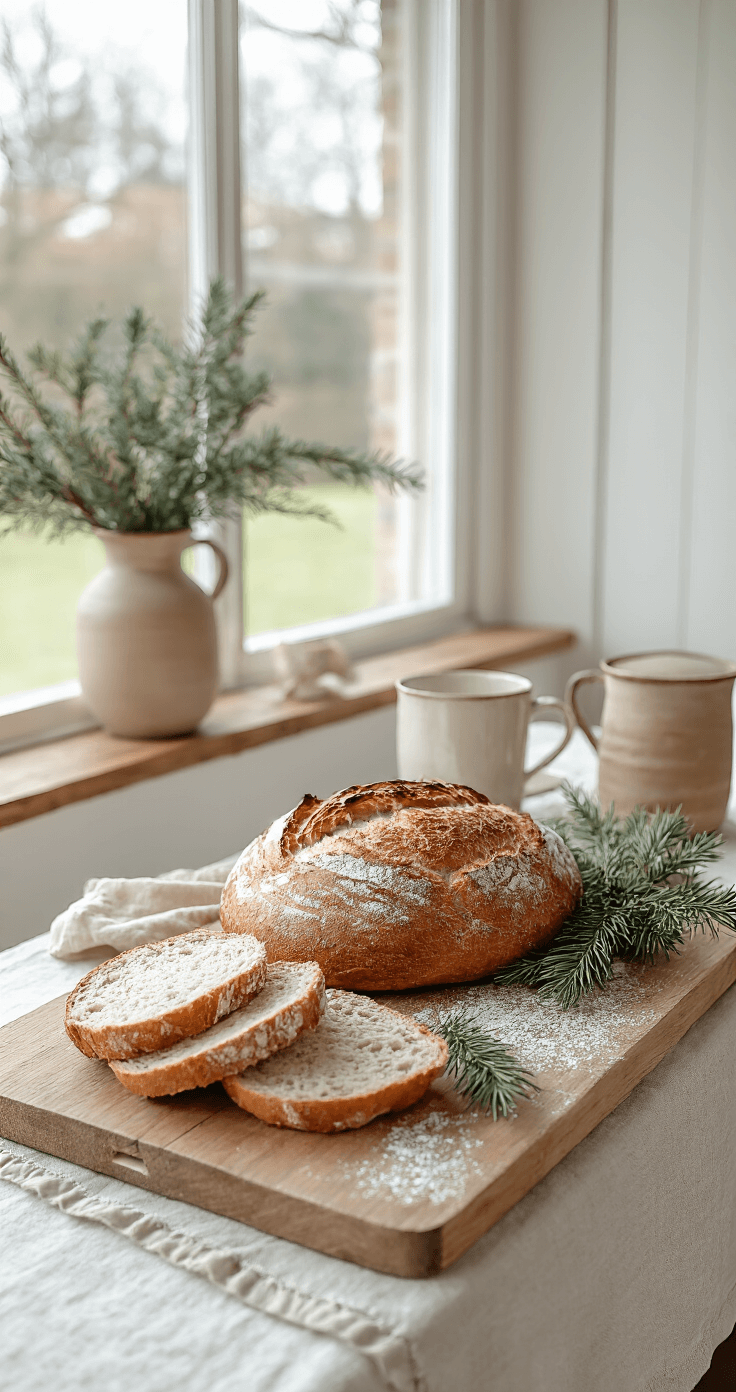 DIY Kerstbrood & Feestelijke Rolls: Jouw Ultieme Gids voor Huisgemaakt Feestgebak Gezellige Nederlandse eetkamer met een houten serveerplank waarop vers kerstbrood ligt, bestrooid met poedersuiker, en takjes rozemarijn als decoratie. Naast het vintage broodmes ligt een linnen servet. De warme houtentinten en zachte winterse verlichting benadrukken de rustieke presentatie en texturen.