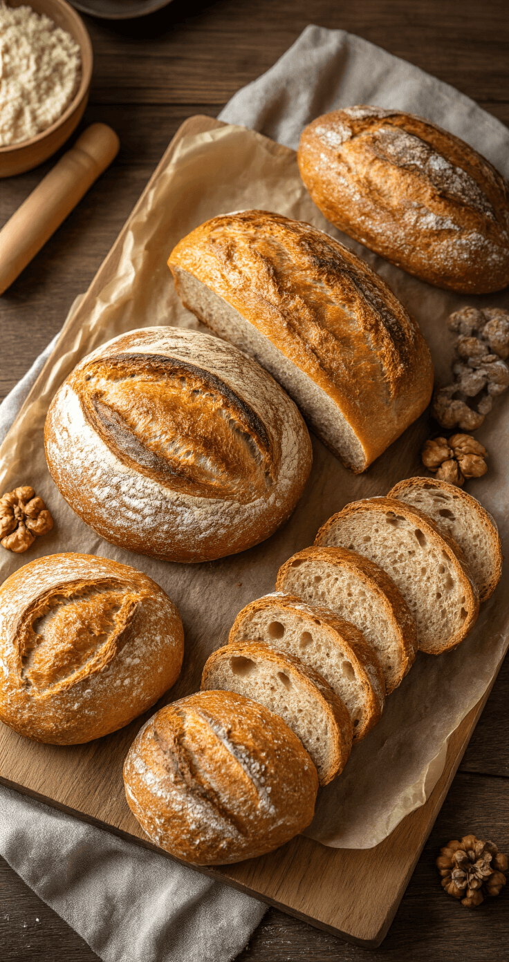 DIY Kerstbrood & Feestelijke Rolls: Jouw Ultieme Gids voor Huisgemaakt Feestgebak Een gezellige Nederlandse keuken in winterse sfeer, met een koelrek vol verschillende broodvariaties zoals kaneelrollen, sinaasappelbrood en notenbrood. Warme keukenverlichting accentueert de goudbruin gebakken korsten in diverse maten en vormen, tegen een achtergrond van houten planken en vintage blikken.