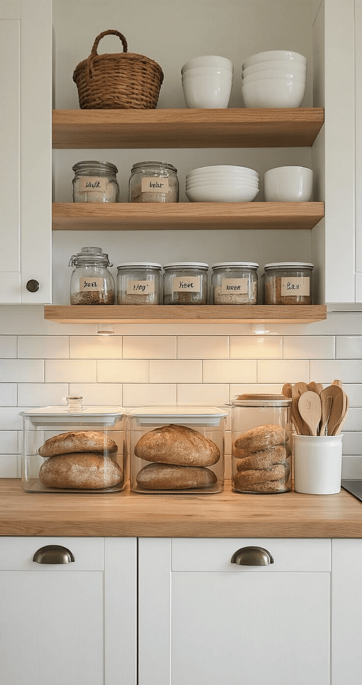 DIY Kerstbrood & Feestelijke Rolls: Jouw Ultieme Gids voor Huisgemaakt Feestgebak Gezellige Nederlandse keuken in avondlicht, met glazen containers vol ingevroren broden, houten planken en witte keramiek. Organisatie met praktische opslagoplossingen, neutrale kleuren en houtaccenten. Koele verlichting benadrukt warme materialen, camera op ooghoogte.