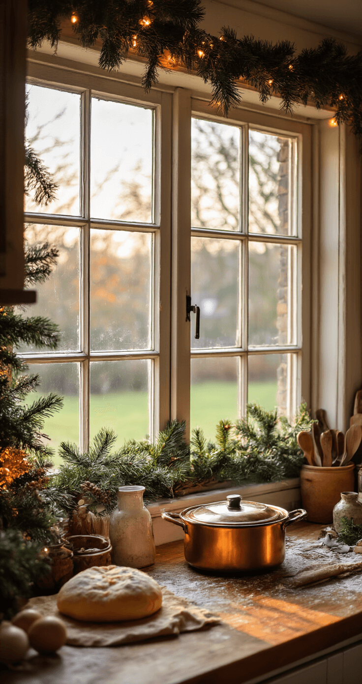 DIY Kerstontbijt: Creëer een Magische Ochtend vol Smaak en Gezelligheid Een warme Nederlandse keuken op kerstavond met een rustiek houten aanrecht, versgebakken kerststol, deegkom en bloem. Gouden uurtinting door grote ramen, koperen pannen aan het plafond en kerstgroen langs de vensterbank. Intieme sfeer met zachte spotlight en geur van kaneel en vanille.