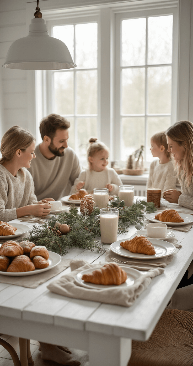 DIY Kerstontbijt: Creëer een Magische Ochtend vol Smaak en Gezelligheid Lichte Scandinavische eetkamer op kerstochtend met een witte houten tafel vol feestelijke gerechten zoals gingerbread pancakes en ingevulde croissants, versierd met eucalyptus takken en linnen servetten, allemaal in pastelkleuren met kerstaccenten.