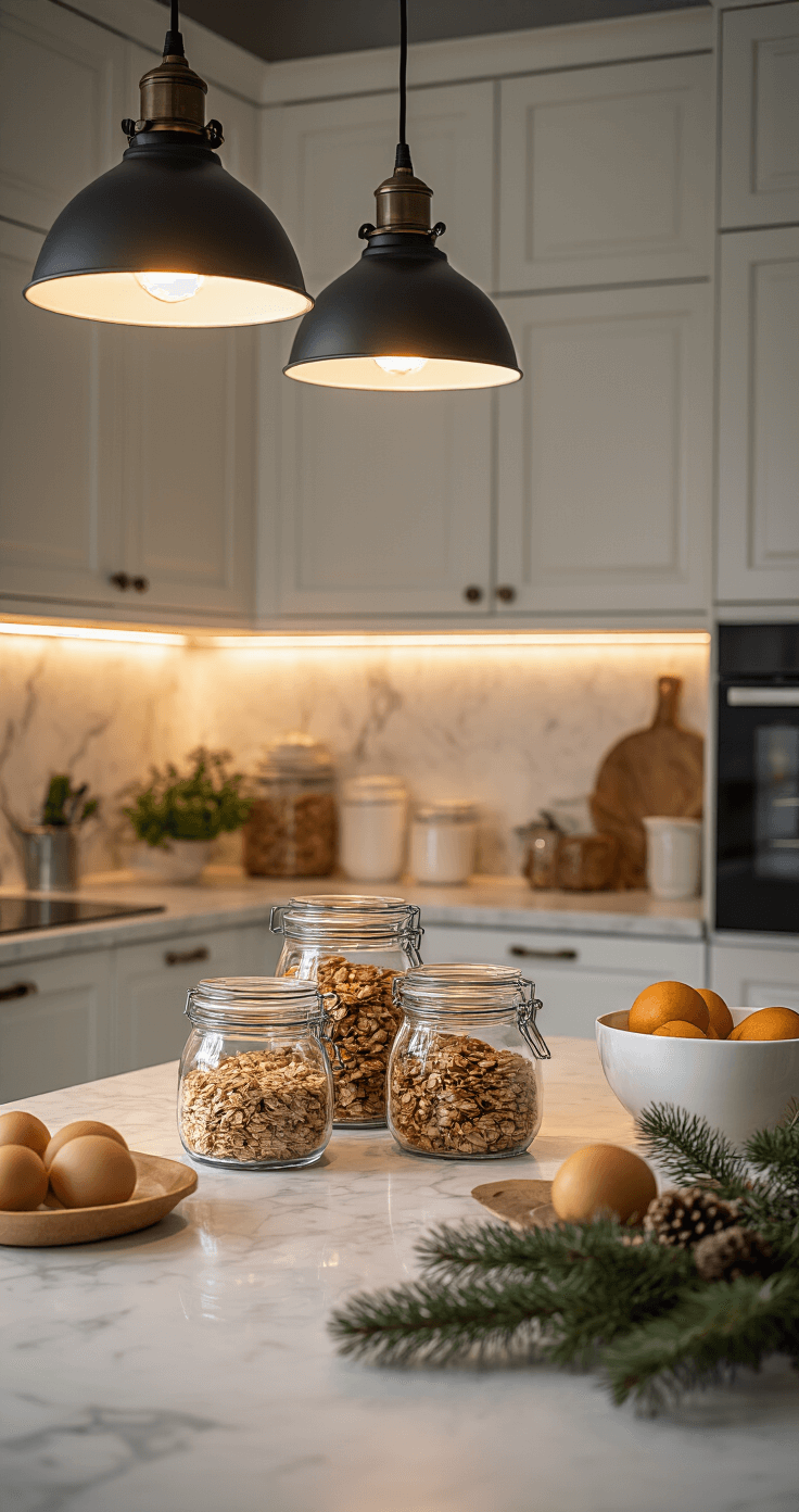 DIY Kerstontbijt: Creëer een Magische Ochtend vol Smaak en Gezelligheid Georganiseerde kerstkeuken met zachte pendantlampen, marmer werkblad en witte kasten, glazen voorraadpotten en afgedekte mengsels, met een professionele uitstraling.