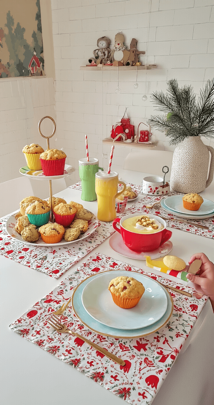 DIY Kerstontbijt: Creëer een Magische Ochtend vol Smaak en Gezelligheid Kleurrijke kinderkeuken op kerstmorgen met speelse verlichting door gekleurde lampjes, lage tafel vol wentelteefjes, smoothie glazen met rietjes, en ontbijtmuffins in vrolijke vormen, afgewerkt met regenboog servies en feestelijke placemats.