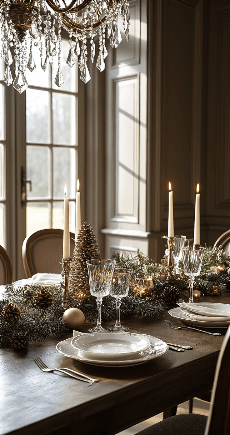 DIY Kerstontbijt: Creëer een Magische Ochtend vol Smaak en Gezelligheid Elegante eetkamer op kerstochtend met een kristallen kroonluchter die warme schaduwen werpt. Donker houten tafel gedekt met wit porselein, zilveren bestek en kaarsen in glazen houders, met dennappels en kerststerren als centerpiece. Symmetrische compositie vanuit de deuropening, luxe hotelsfeer met gouden accenten en diepe schaduwen.