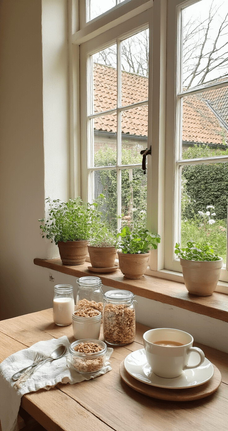 DIY Kerstontbijt: Creëer een Magische Ochtend vol Smaak en Gezelligheid Gezellige boerenkeuken met natuurlijk daglicht, eenvoudige houten tafel met zelfgemaakte granola en overnight oats in glazen potjes, verse smoothies, vintage servies, gesteven theedoeken en een kruidentuintje op de vensterbank, gefotografeerd vanuit een lage hoek in aardse tinten.