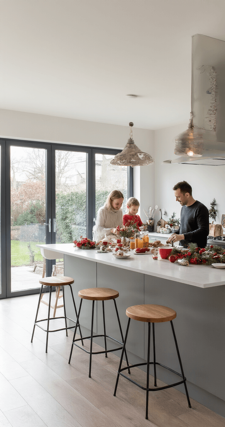 DIY Kerstontbijt: Creëer een Magische Ochtend vol Smaak en Gezelligheid Moderne open keuken-woonkamer op kerstochtend met grote glazen schuifdeuren naar de tuin, kookeiland vol benodigdheden en feestelijk servies, familie die samen voorbereidingen treft in een warme sfeer, met architecturale lijnen en kerstaccenten in een wit-grijs interieur.