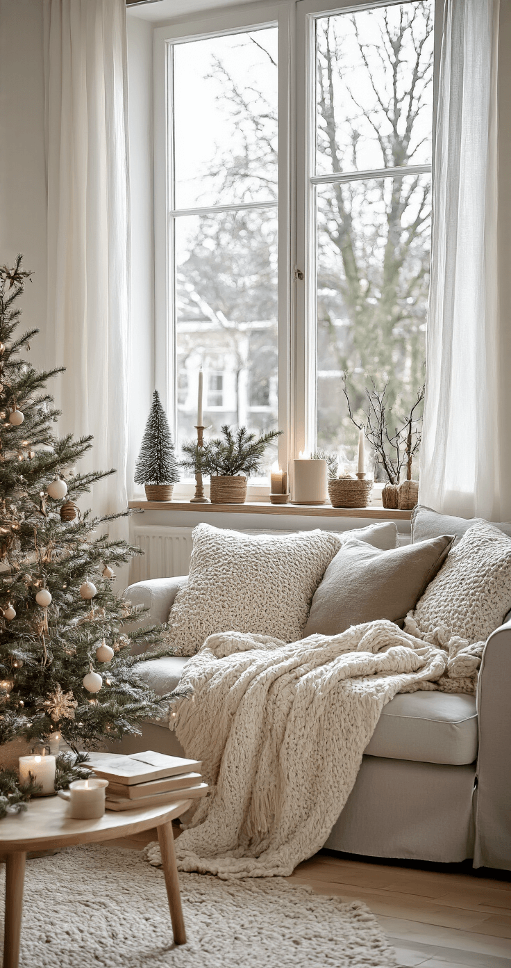 DIY Mini Kerstbomen: Gezelligheid in Zakformaat voor Elke Ruimte Gezellige woonkamer met Scandinavische inrichting en handgemaakte mini kerstboompjes van mos, verlicht door de winterse middagzon door witte gordijnen.