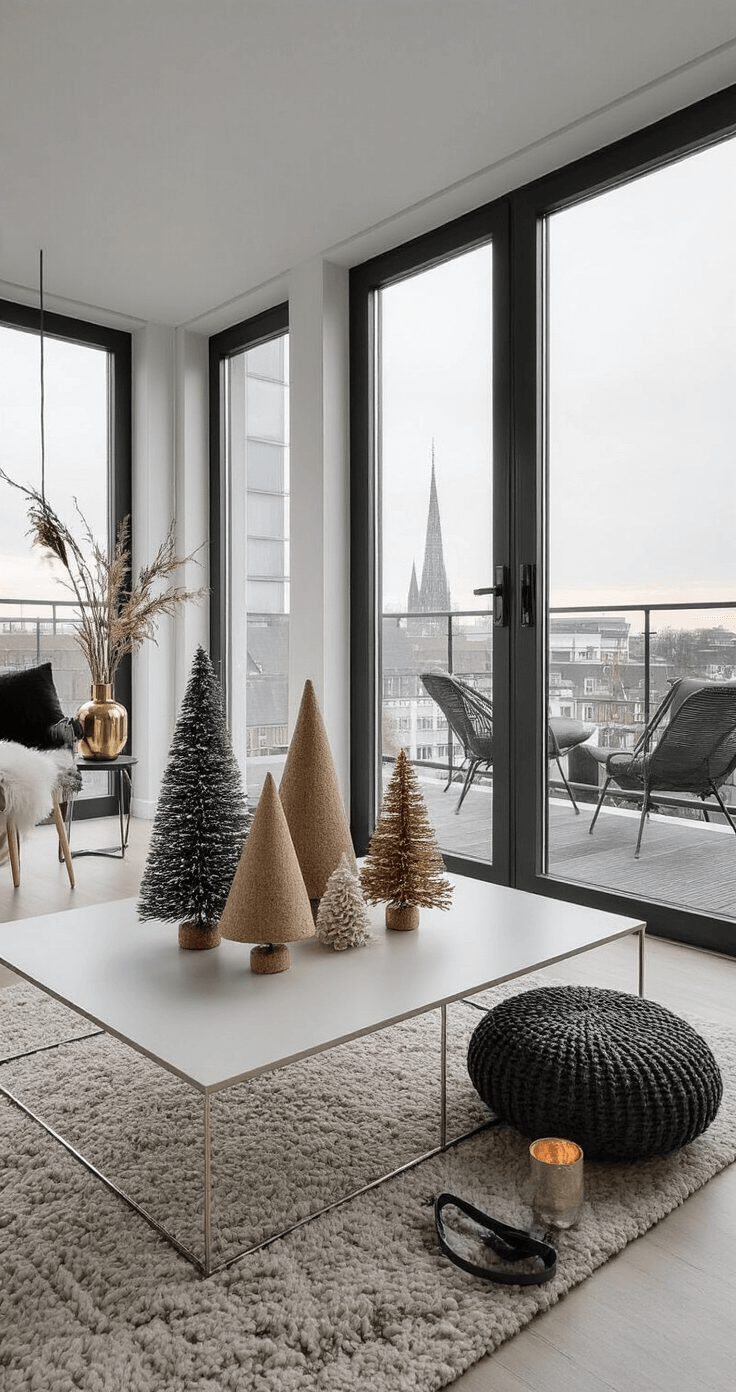 DIY Mini Kerstbomen: Gezelligheid in Zakformaat voor Elke Ruimte Modern minimalistisch appartement met salontafel versierd met DIY mini kerstbomen van klei en kurk, bij avondlicht door grote ramen. Betonvloer en strakke zwarte meubels creëren een luxe uitstraling, aangevuld met geometrische vazen en metallic accenten in goud en zilver. Kleurenschema van wit, grijs en zwarte contrasten met groene highlights, vastgelegd in een artistieke compositie met scherptediepte en warme LED-verlichting die texturen accentueert.