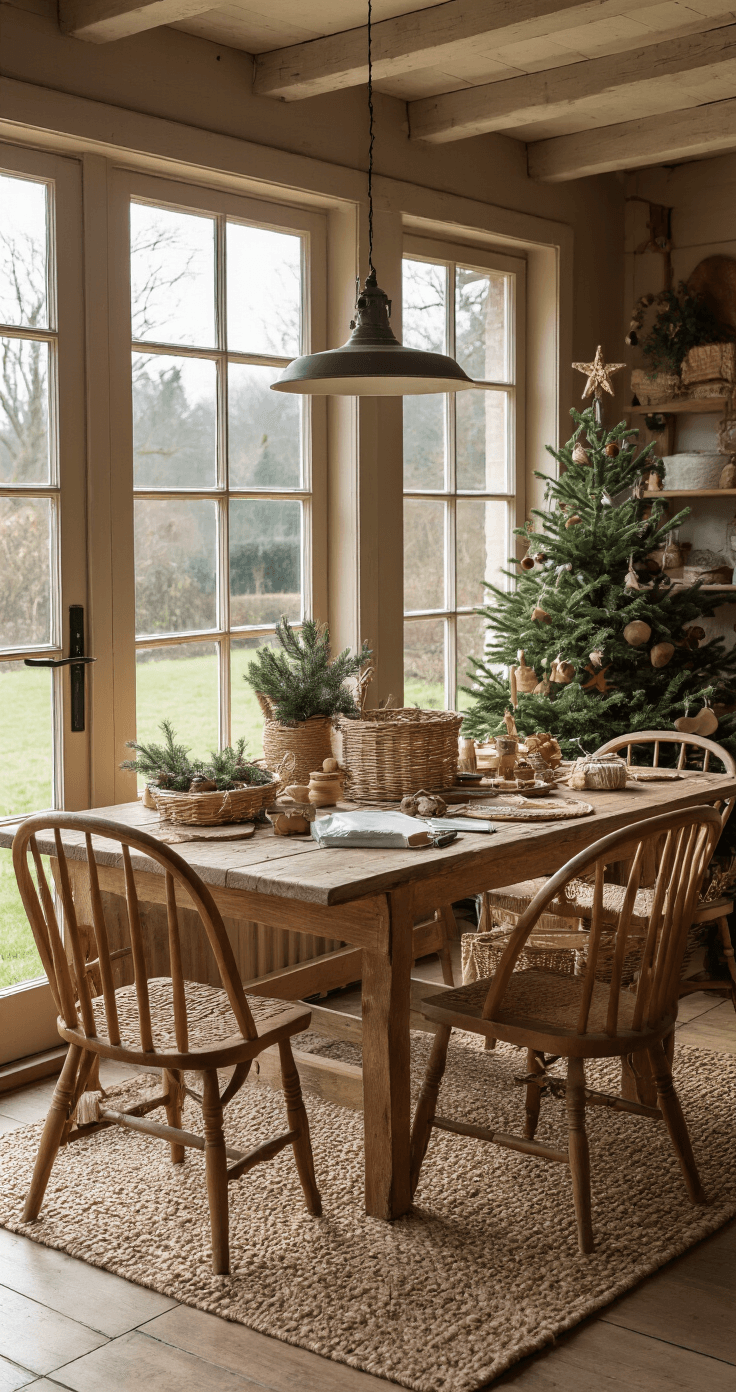 DIY Mini Kerstbomen: Gezelligheid in Zakformaat voor Elke Ruimte Een knusse eetkamerhoek met een rustieke houten tafel vol knutselmaterialen zoals mos, satéprikkers en mini kerstboompjes, omringd door vintage stoelen en rieten manden. De zachte ochtendlicht zorgt voor een gezellige doe-het-zelf sfeer en benadrukt de natuurlijke texturen en ambachtelijke details.