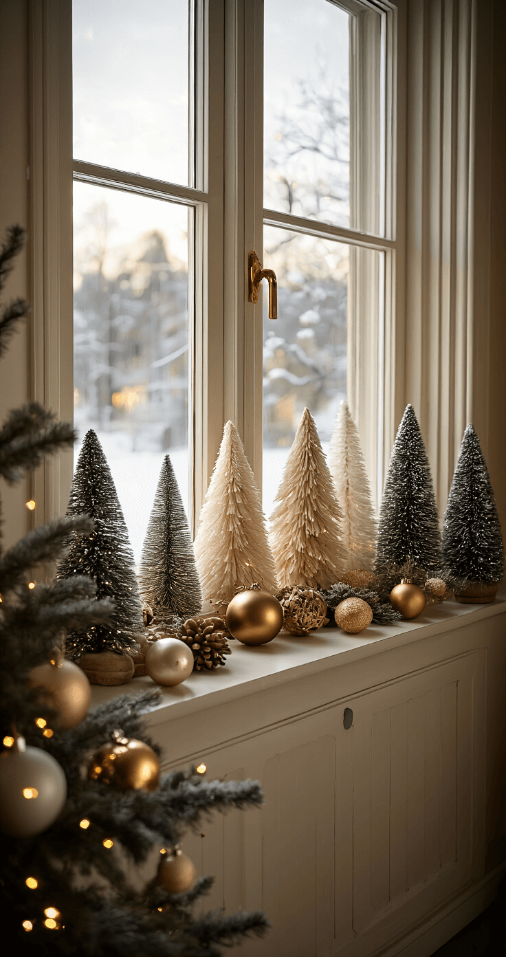 DIY Mini Kerstbomen: Gezelligheid in Zakformaat voor Elke Ruimte Elegante vensterbank styling met mini kerstbomen van stof en takjes, in koperen plantenbakjes. Warme kleuren en vintage kerstornamenten, belicht door het gouden uurtje zonlicht, met uitzicht op een winterlandschap.