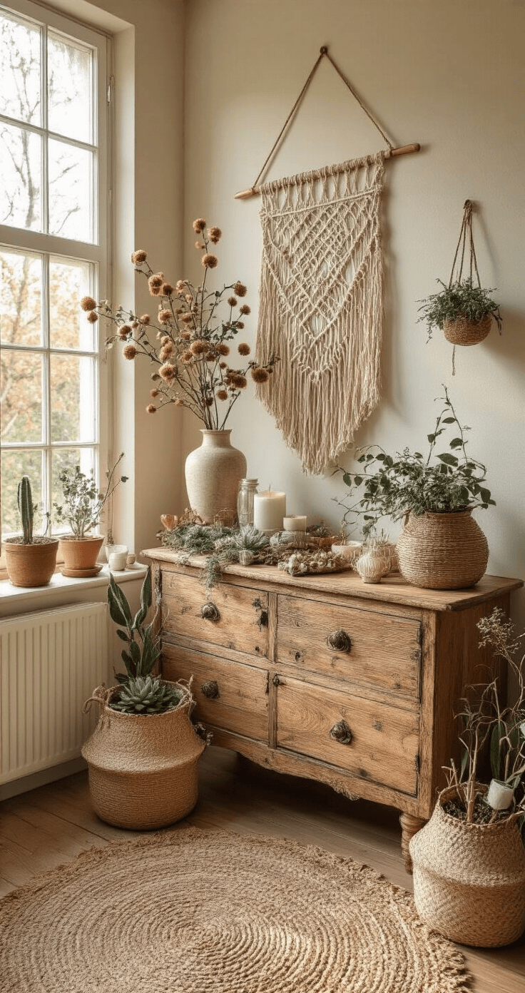 DIY Mini Kerstbomen: Gezelligheid in Zakformaat voor Elke Ruimte Bohemien woonruimte met handgemaakte kerstdecoraties op een vintage dressoir, verlicht door zacht namiddaglicht. Er zijn macramé wandhangers, planten, mini bomen tussen succulenten en kristallen, alsook geweven manden en gedroogde bloemen in aardse kleuren zoals terracotta en sage groen, aangevuld met gouden accenten. Het geeft een dromerige sfeer met veel texturen en lagen.