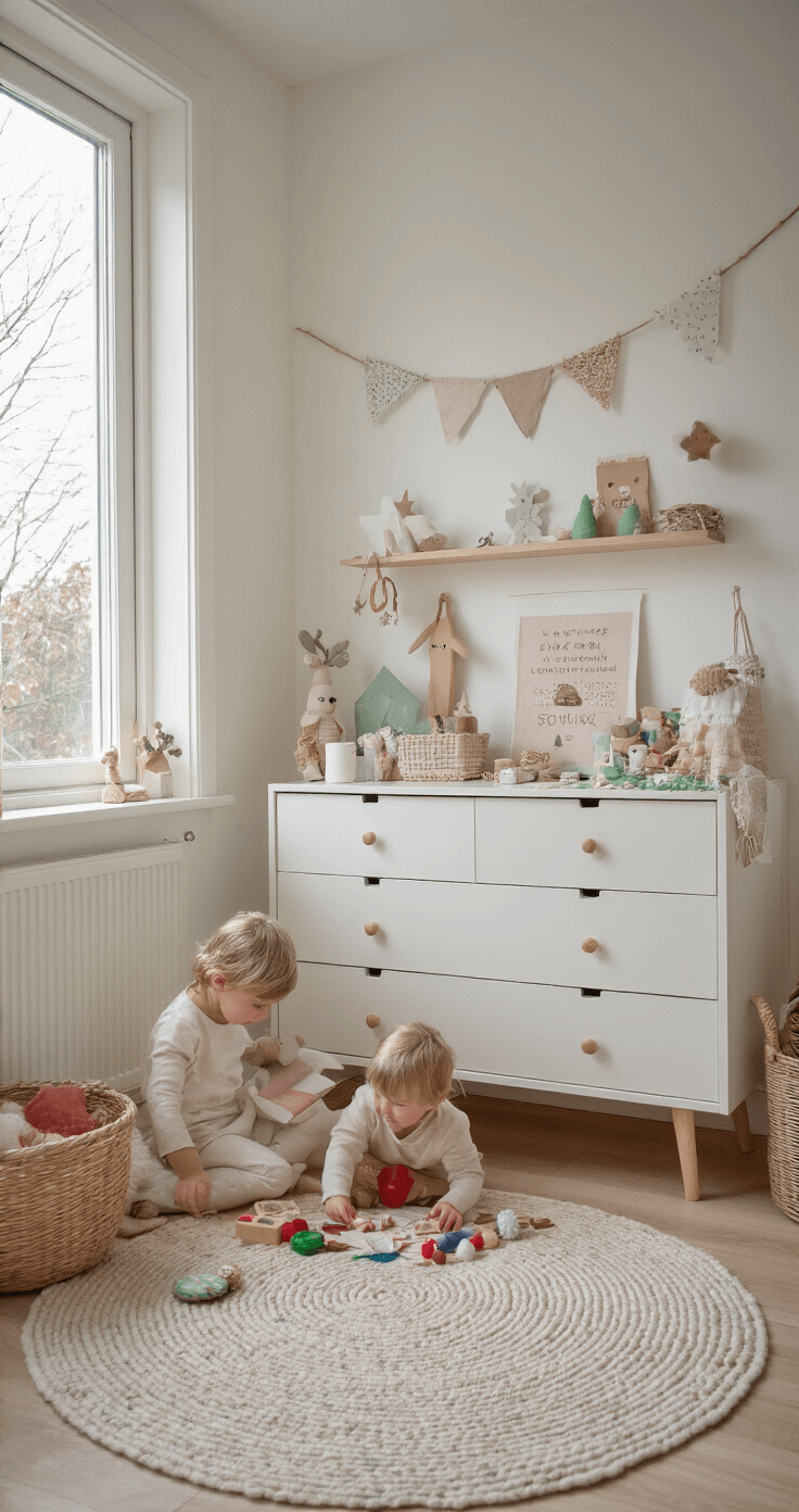 DIY Mini Kerstbomen: Gezelligheid in Zakformaat voor Elke Ruimte Kinderkamer in Scandinavische stijl met een wit bureau, gevuld met kleurrijke knutselmaterialen en vrolijke mini boompjes. Helder ochtendlicht valt op de witte meubels en lichte houten accenten, terwijl kleine handjes druk bezig zijn met een DIY kerstproject.