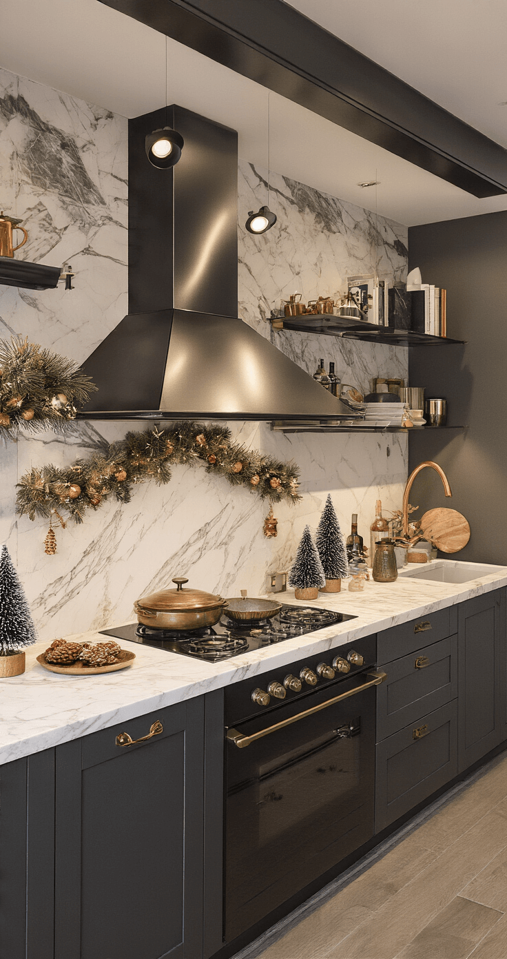 DIY Mini Kerstbomen: Gezelligheid in Zakformaat voor Elke Ruimte Moderne luxe keuken met stijlvolle kerstdecoratie op kookeiland, marmeren werkbladen, zwarte kasten en koperen accenten, met mini kerstbomen tussen designvazen en kookboeken, gefotografeerd in avondschemering.