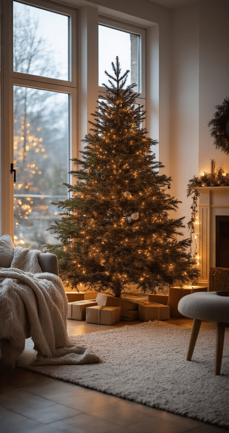 DIY Kerstboom van Hout of Papier: Creëer Jouw Eigen Feestelijke Decoratie Warme woonkamer met zelfgemaakte houten kerstboom en Scandinavische meubels, verlicht door avondlicht en zachte LED-verlichting.