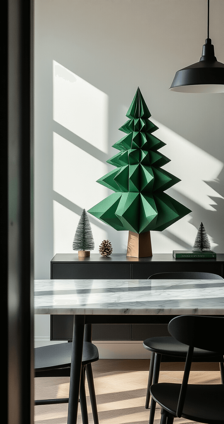 DIY Kerstboom van Hout of Papier: Creëer Jouw Eigen Feestelijke Decoratie Moderne eetkamer met een geometrische origami kerstboom in smaragdgroen papier op een dressoir, verlicht door ochtendlicht dat scherpe schaduwen creëert. Zwarte stalen stoelen omringen een witte marmeren tafel in een minimalistische en eigentijdse sfeer.