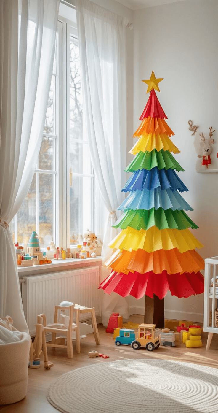 DIY Kerstboom van Hout of Papier: Creëer Jouw Eigen Feestelijke Decoratie Een kleurrijke papieren kerstboom van regenboogpapier op een wit bureau bij een raam, met zacht speelgoed in pasteltinten en houten vloerbedekking. Natuurlijk licht valt door sheer gordijnen, alles vanuit kinderhoogte gefotografeerd. Sfeervol en speels.